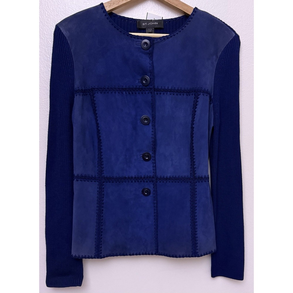 St John Blue Suede Front‎ w/Ribbed Knit Back & Sleeves Patchwork Jacket 4